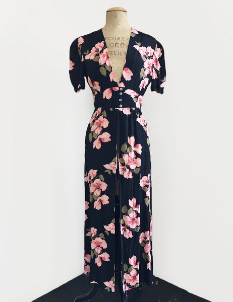 1930s Style Pink & Black Tropical Nights Harlow Peignoir Robe