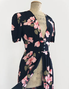 1930s Style Pink & Black Tropical Nights Harlow Peignoir Robe