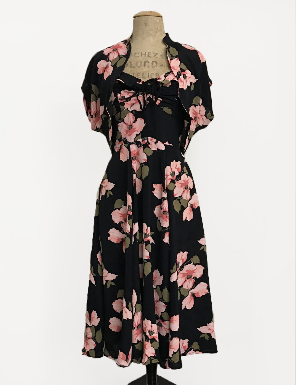 Black & Pink Tropical Nights 1940s Style Marta Halter Dress