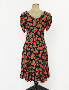 Black & Red Rosebud Print 1930s Venice Beach Balboa Swing Dress