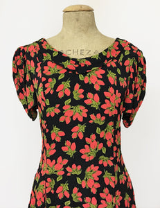 Black & Red Rosebud Print 1930s Venice Beach Balboa Swing Dress