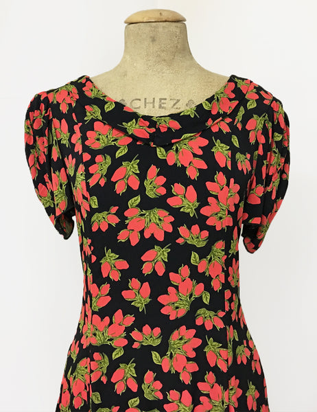 Black & Red Rosebud Print 1930s Venice Beach Balboa Swing Dress