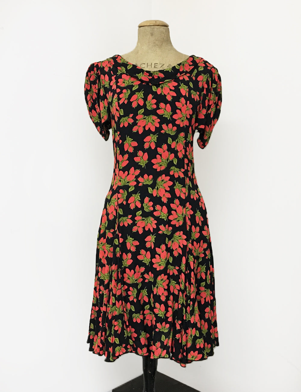 Black & Red Rosebud Print 1930s Venice Beach Balboa Swing Dress