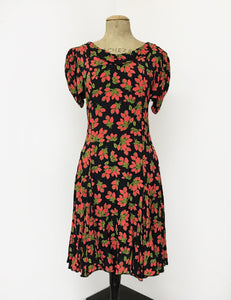 Black & Red Rosebud Print 1930s Venice Beach Balboa Swing Dress