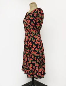 Black & Red Rosebud Print 1930s Venice Beach Balboa Swing Dress