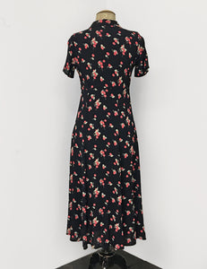 Black & Red Retro Cherry Print Short Sleeve Tea Length Vintage Day Dress