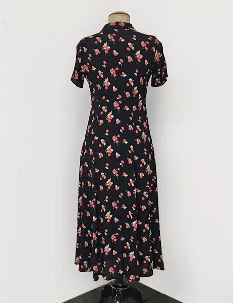 Black & Red Retro Cherry Print Short Sleeve Tea Length Vintage Day Dress