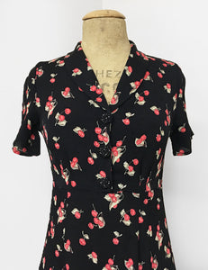 Black & Red Retro Cherry Print Short Sleeve Tea Length Vintage Day Dress