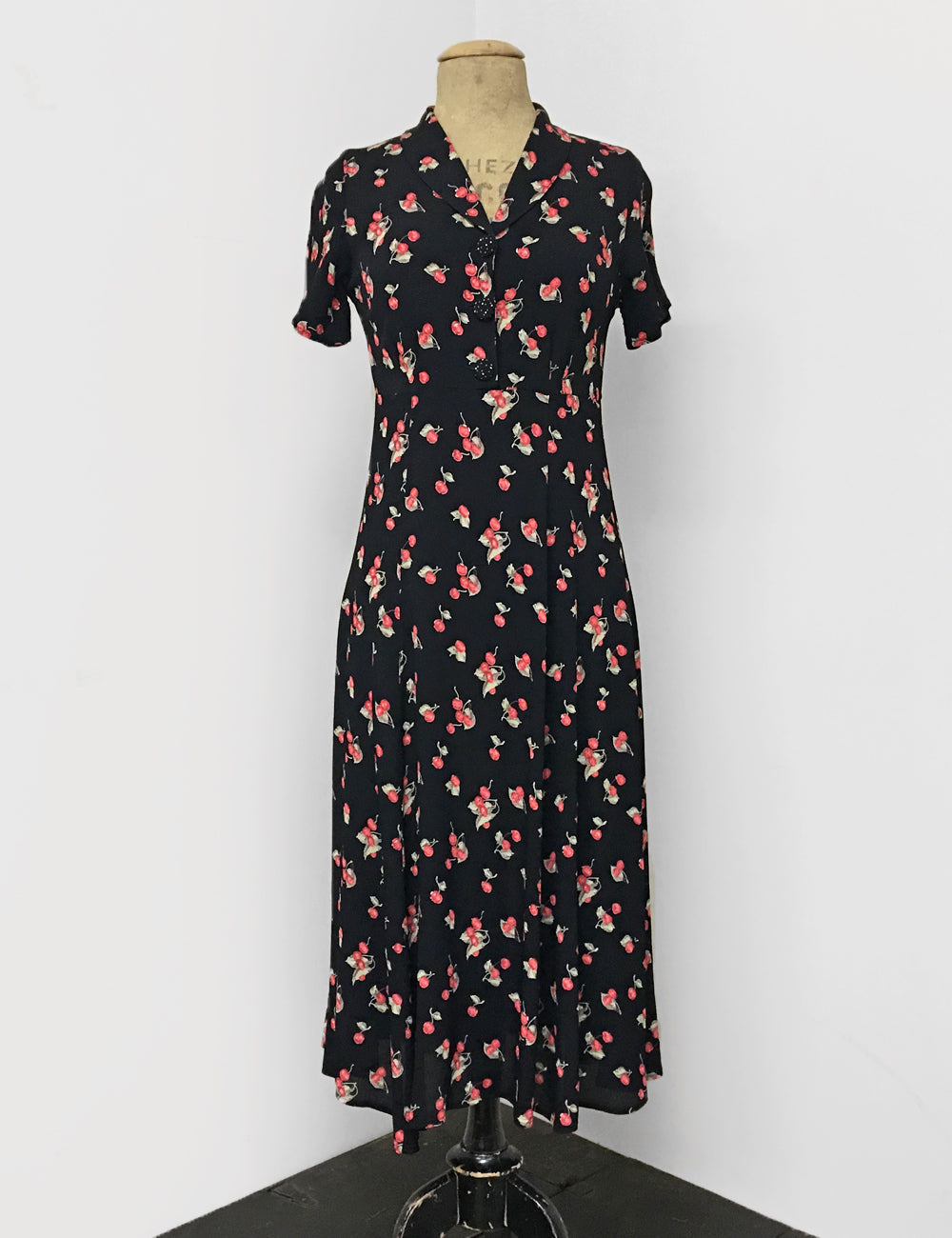 Black & Red Retro Cherry Print Short Sleeve Tea Length Vintage Day Dress