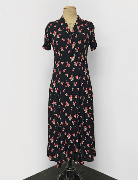 Black & Red Retro Cherry Print Short Sleeve Tea Length Vintage Day Dress