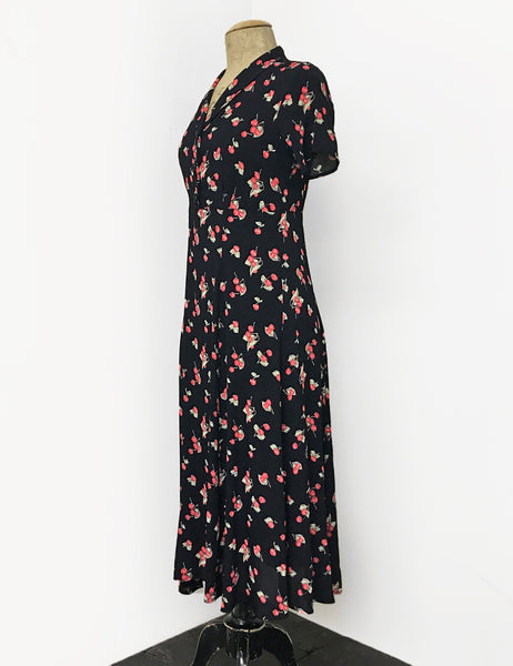 Black & Red Retro Cherry Print Short Sleeve Tea Length Vintage Day Dress