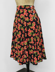 Black & Red Rosebud Floral Venice Beach Balboa Circle Swing Skirt