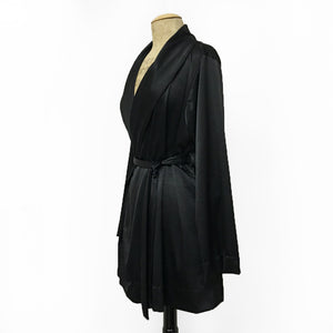 Solid Black Elegant Satin Shawl Collar Kimono Robe