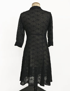Sheer Black Embroidered Three Quarter Sleeve Vintage Day Dress