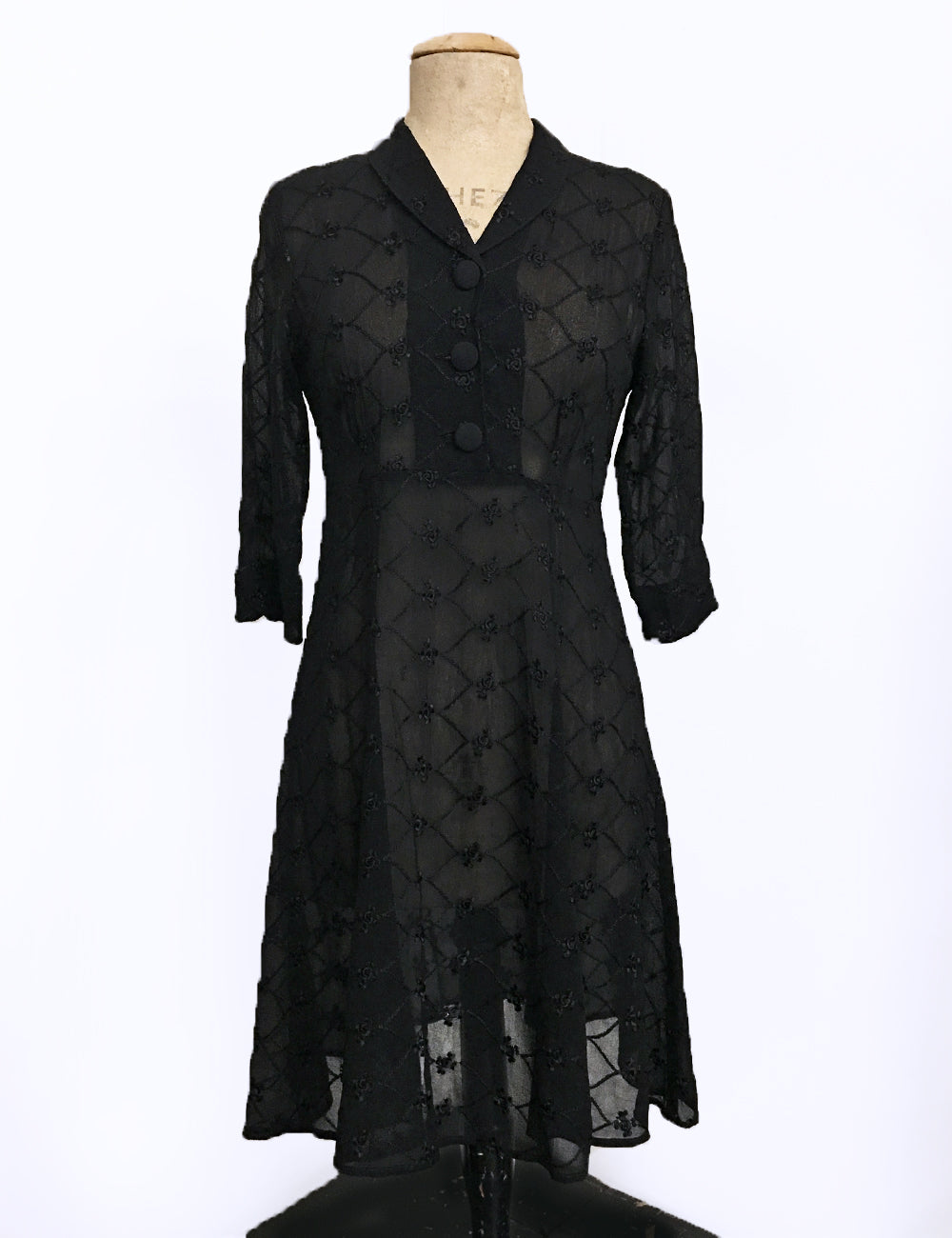 Sheer Black Embroidered Three Quarter Sleeve Vintage Day Dress