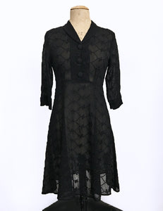 Sheer Black Embroidered Three Quarter Sleeve Vintage Day Dress