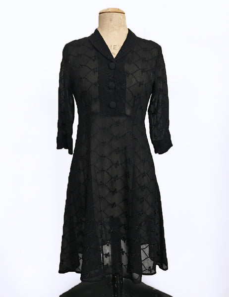 Sheer Black Embroidered Three Quarter Sleeve Vintage Day Dress