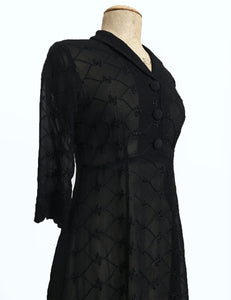 Sheer Black Embroidered Three Quarter Sleeve Vintage Day Dress