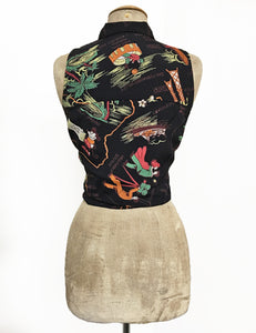 Black California Map Print Retro Sleeveless Button Up Sally Top