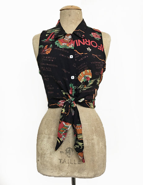 Black California Map Print Retro Sleeveless Button Up Sally Top