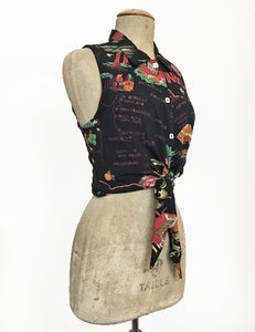 Black California Map Print Retro Sleeveless Button Up Sally Top