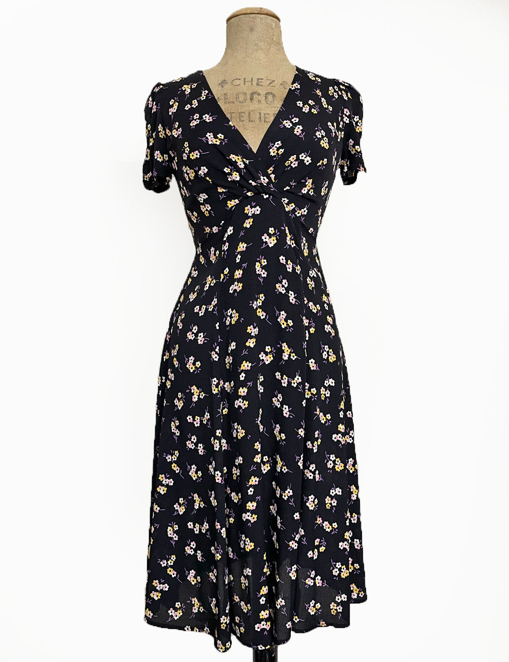 Black Sweet Floral Vintage Inspired Knee Length Rita Dress