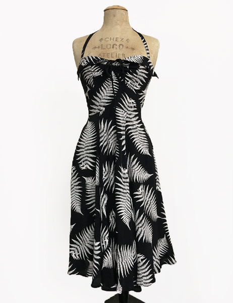 Black & White Pressed Fern Print 1940s Style Marta Halter Dress