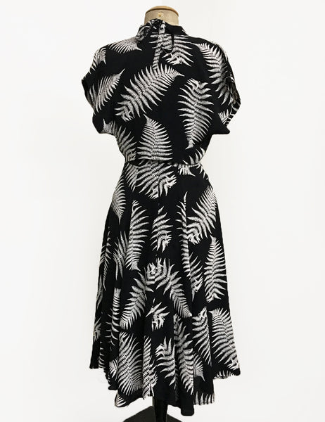 Black & White Pressed Fern Print 1940s Style Marta Halter Dress