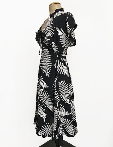 Black & White Pressed Fern Print 1940s Style Marta Halter Dress