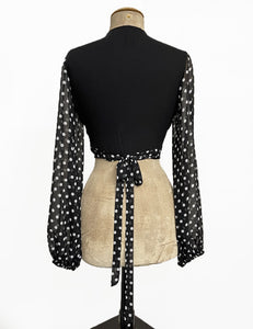 FINAL SALE - Black & White Polka Dot Sheer Sleeve Contrast Babaloo Wrap Top