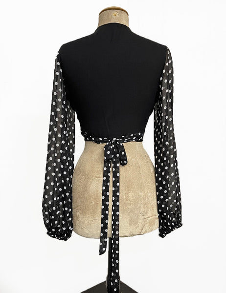 FINAL SALE - Black & White Polka Dot Sheer Sleeve Contrast Babaloo Wrap Top