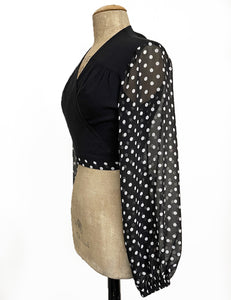 FINAL SALE - Black & White Polka Dot Sheer Sleeve Contrast Babaloo Wrap Top