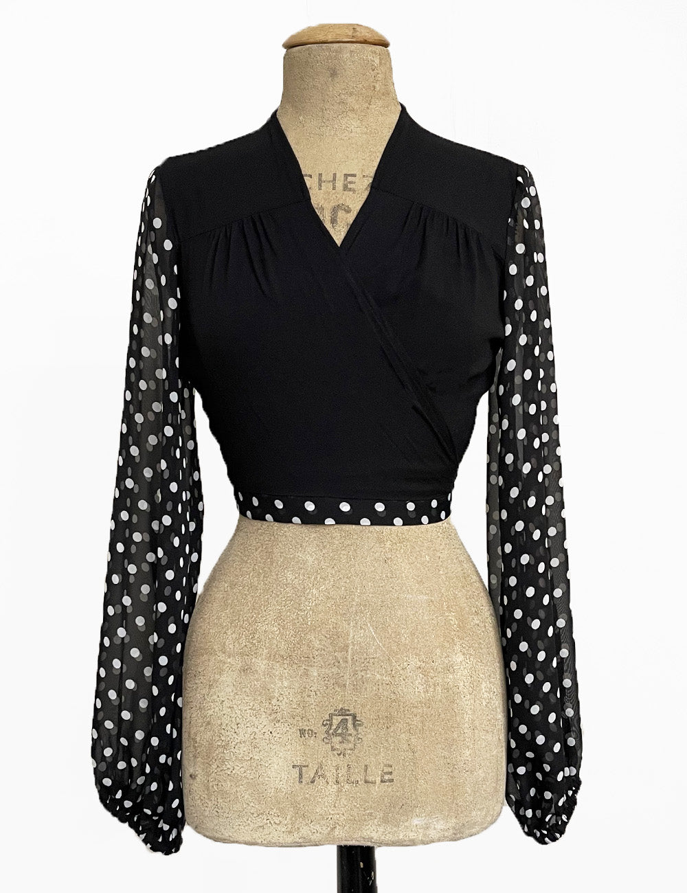 FINAL SALE - Black & White Polka Dot Sheer Sleeve Contrast Babaloo Wrap Top