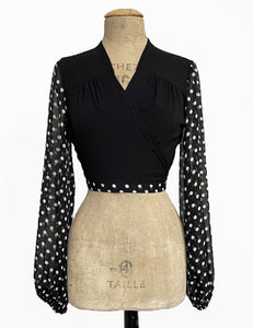 FINAL SALE - Black & White Polka Dot Sheer Sleeve Contrast Babaloo Wrap Top
