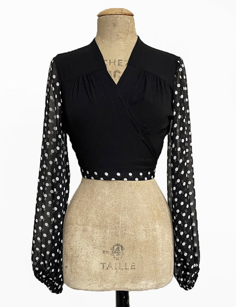 FINAL SALE - Black & White Polka Dot Sheer Sleeve Contrast Babaloo Wrap Top