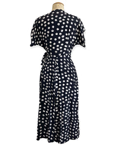 Black & White Seashell Dot 1940s Style Cascade Wrap Dress