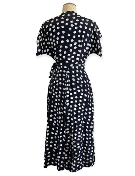 Black & White Seashell Dot 1940s Style Cascade Wrap Dress