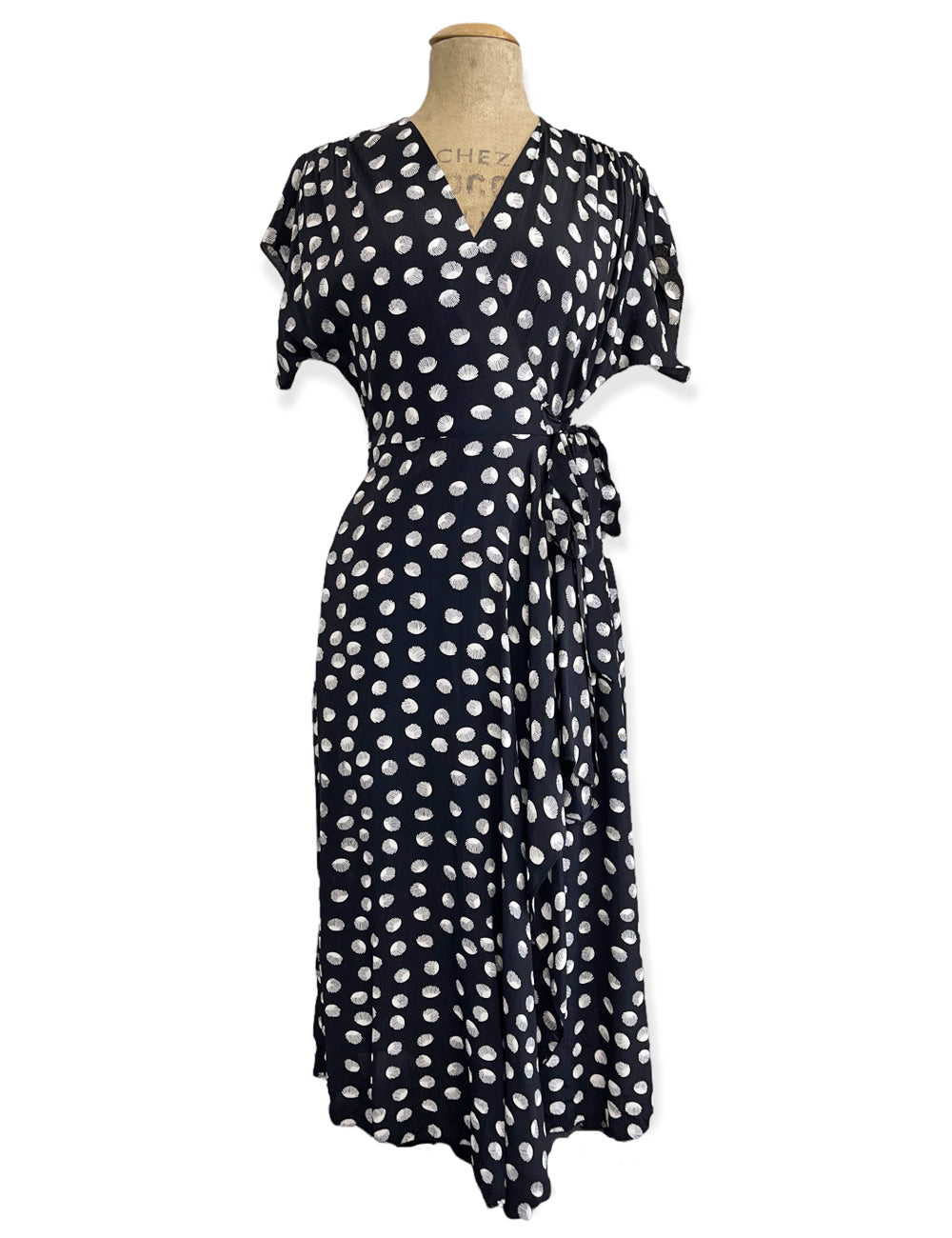 Black & White Seashell Dot 1940s Style Cascade Wrap Dress