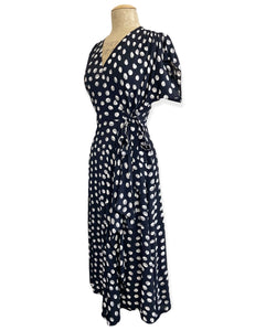 Black & White Seashell Dot 1940s Style Cascade Wrap Dress