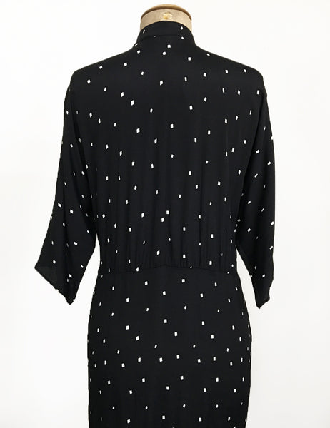 Black & Ivory Square Dot Button Front 1940s Manhattan Dress - FINAL SALE