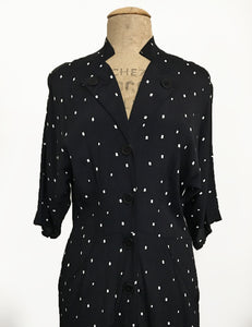 Black & Ivory Square Dot Button Front 1940s Manhattan Dress - FINAL SALE