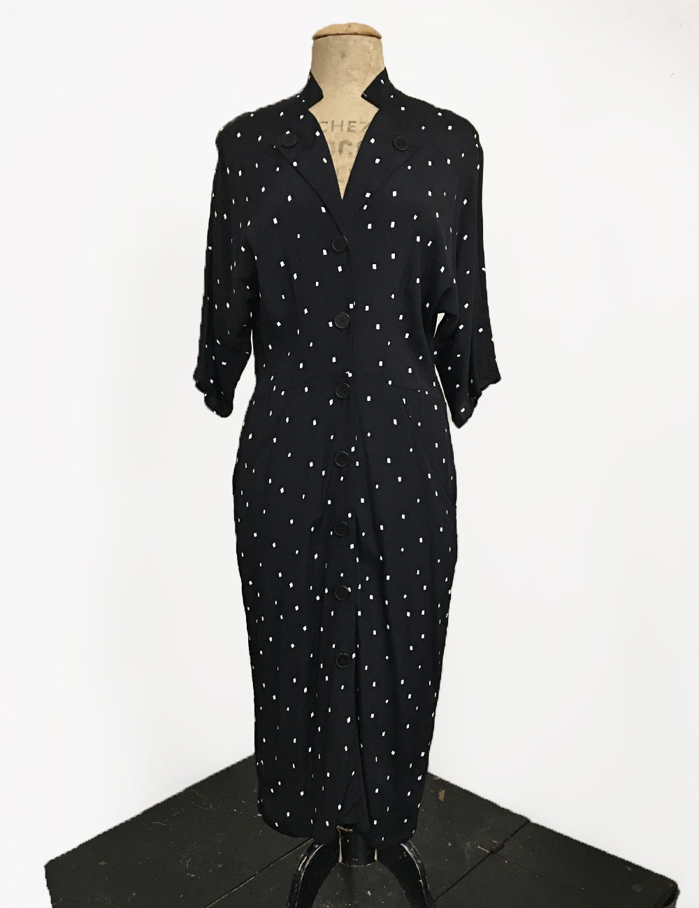 Black & Ivory Square Dot Button Front 1940s Manhattan Dress - FINAL SALE