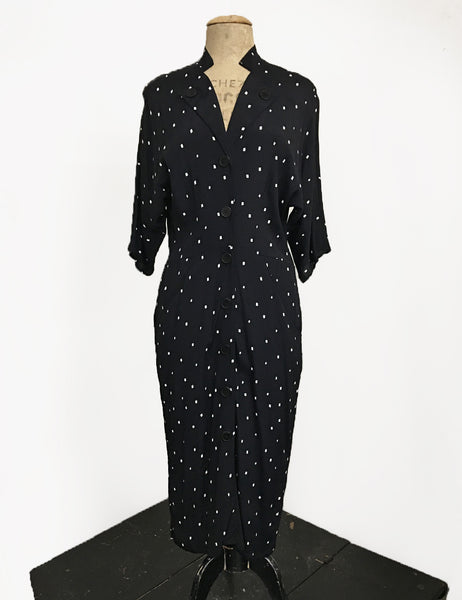 Black & Ivory Square Dot Button Front 1940s Manhattan Dress - FINAL SALE