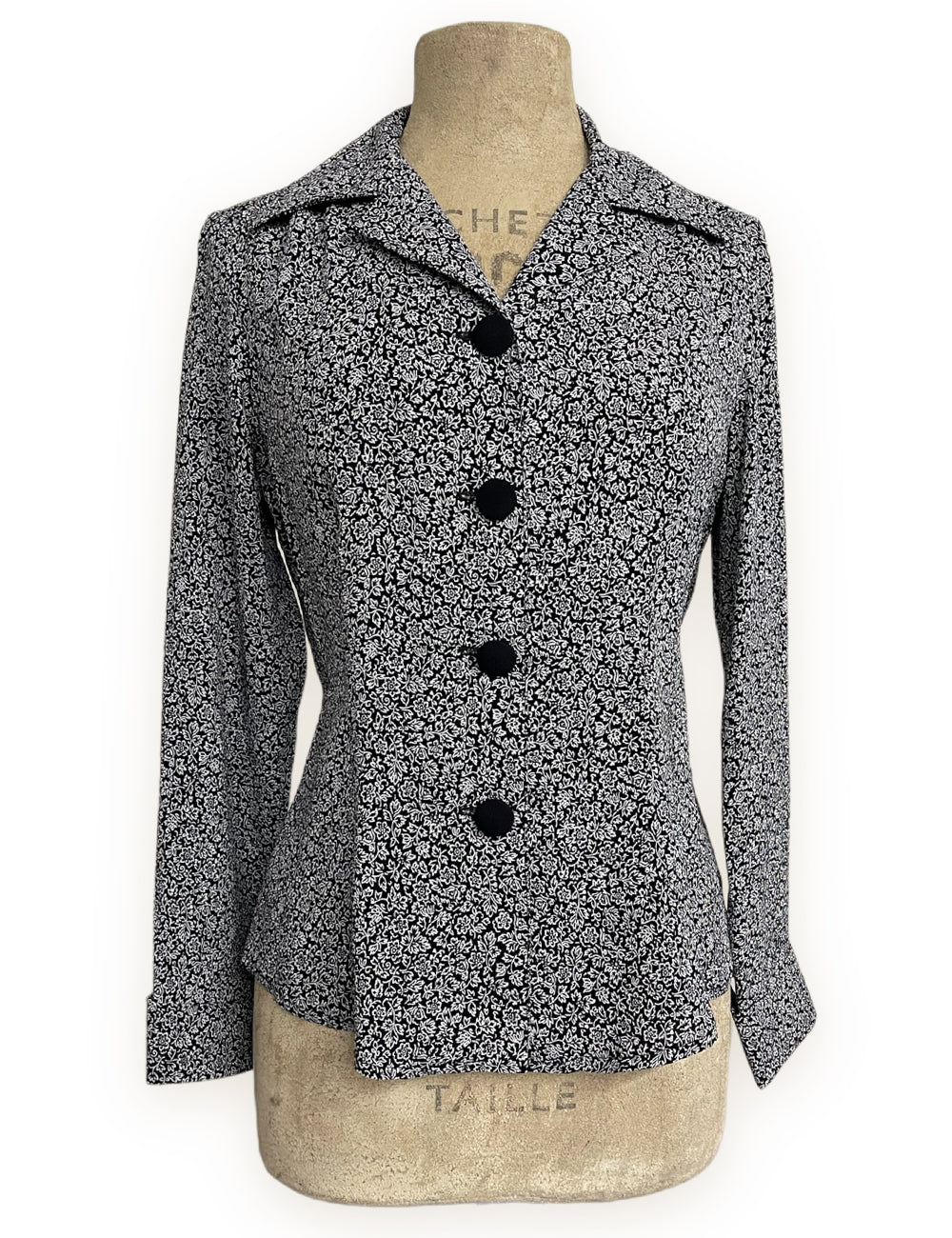 Black & White Stencil Floral 1940s Hepburn Blouse