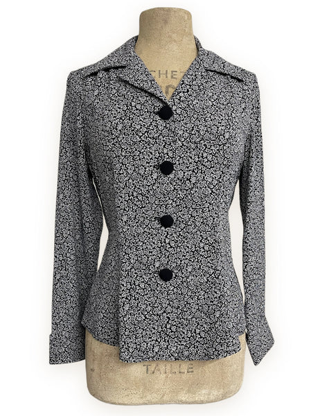 Black & White Stencil Floral 1940s Hepburn Blouse