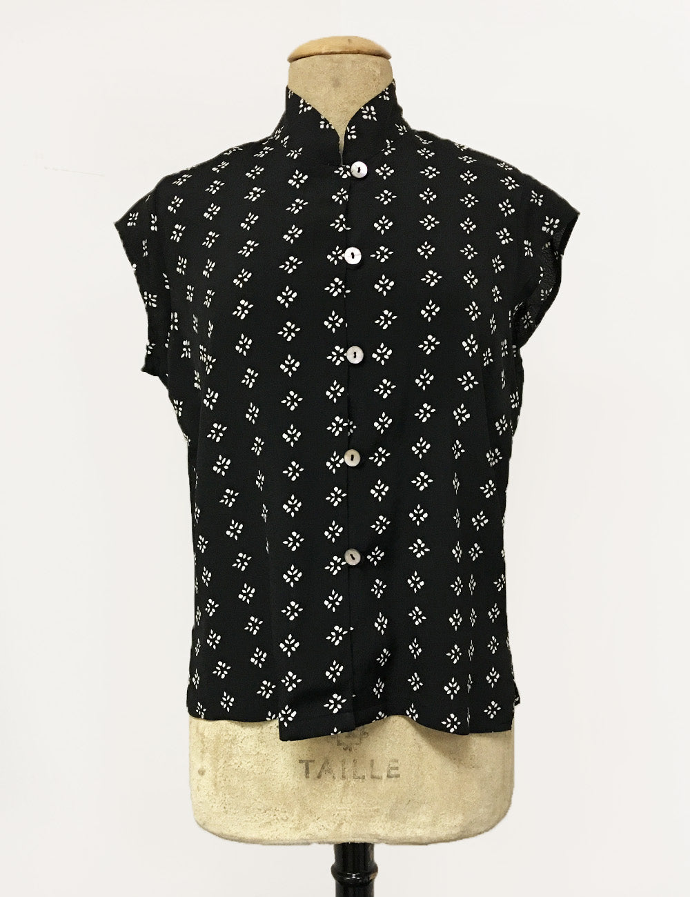 Black & White Foulard 1930s Tea Timer Button Up Blouse - FINAL SALE