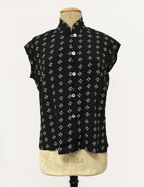 Black & White Foulard 1930s Tea Timer Button Up Blouse - FINAL SALE