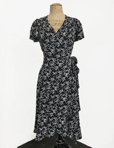 Black & White Bougainvillea Print Biasa Sweetheart Wrap Dress