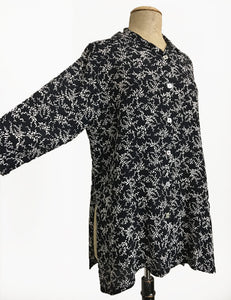 Black & White Bougainvillea Floral Flyaway Button Up Tunic Top
