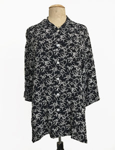 Black & White Bougainvillea Floral Flyaway Button Up Tunic Top
